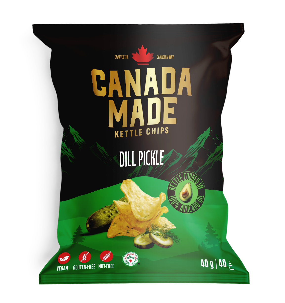 Canada Made Avocado Oil Kettle Cooked Dill Pickle Potato Chips 40g bag