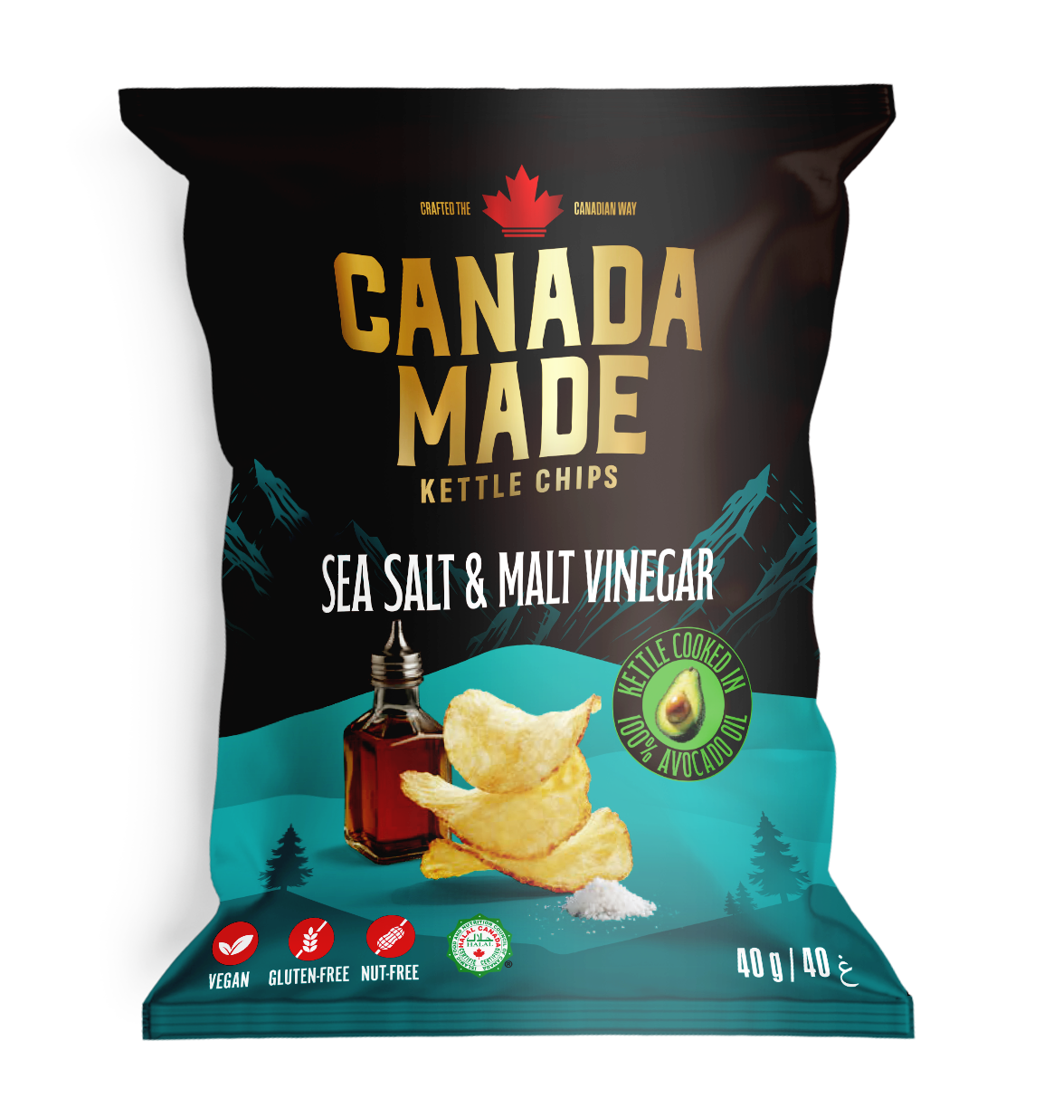 Canada Made Avocado Oil Kettle Cooked Sea Salt & Malt Vinegar Potato Chips 40g bag