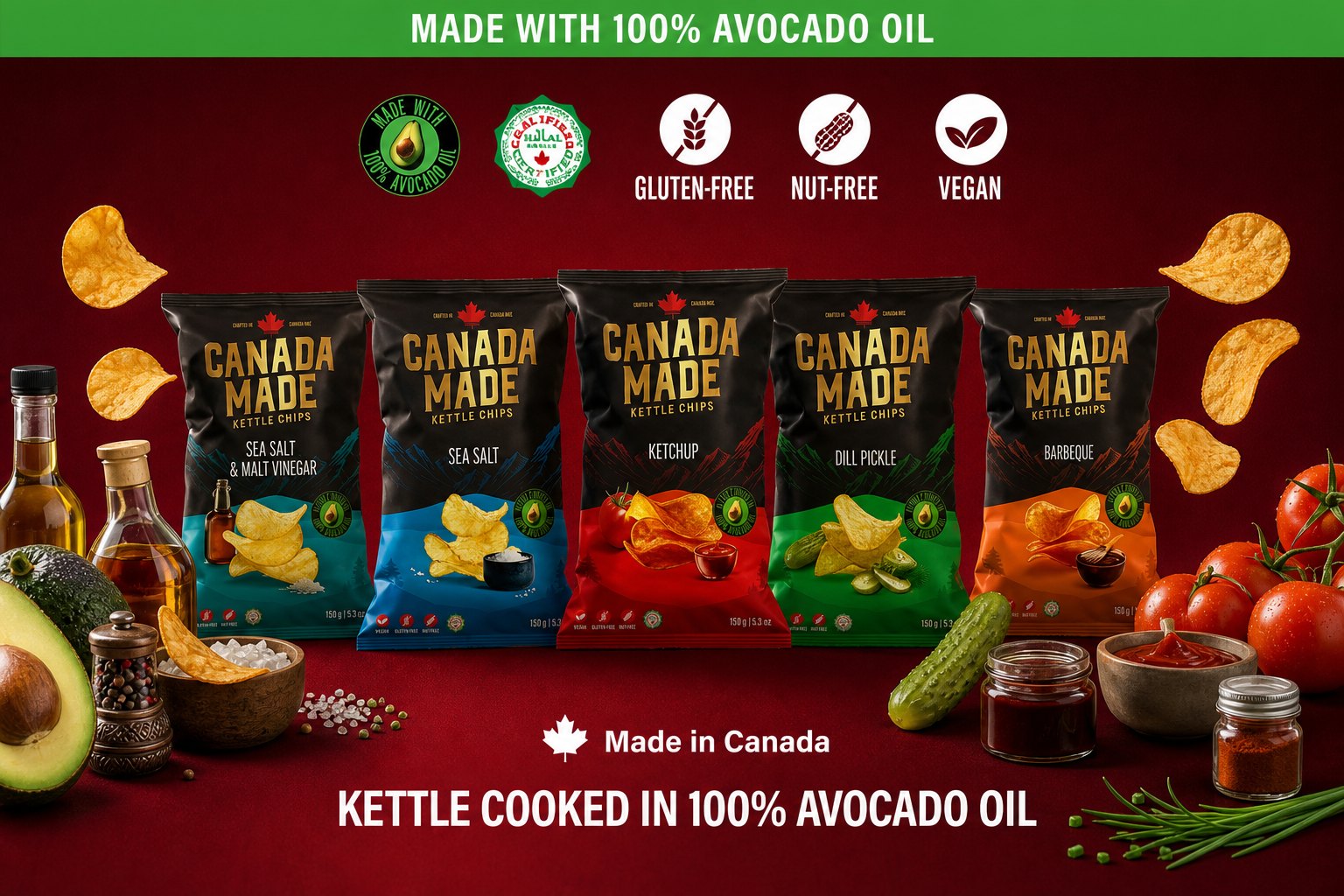 Canada Made kettle chips cooked in 100% avocado oil