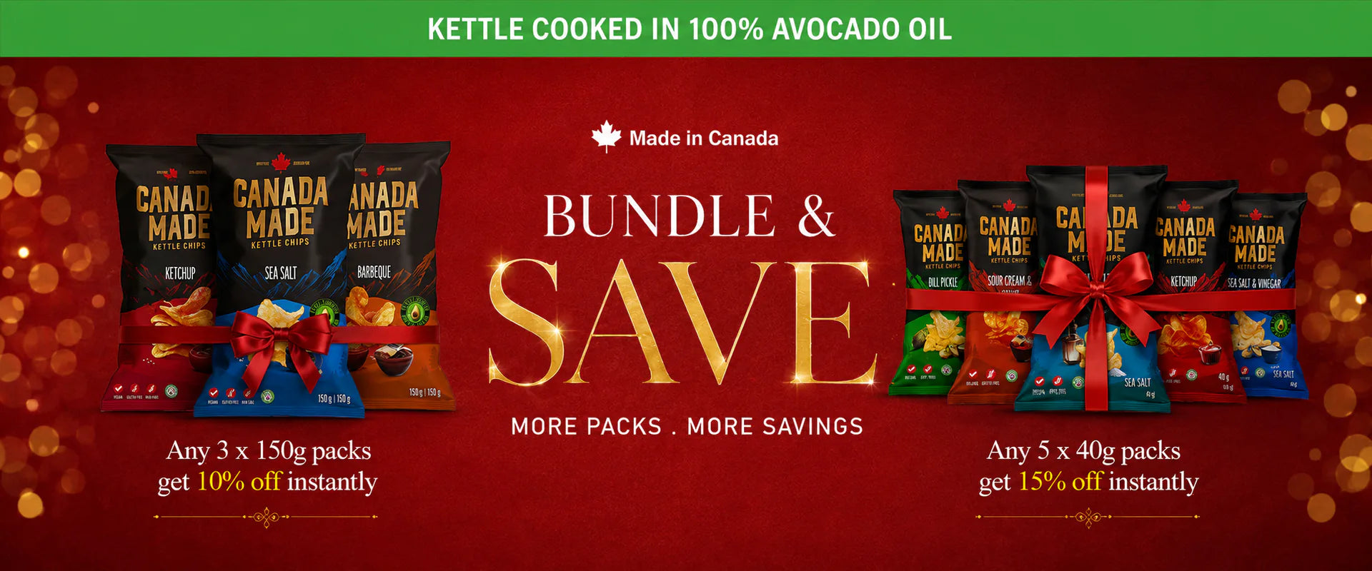 Bundle and save on Canada Made kettle chips — 3 x 150g or 5 x 40g packs